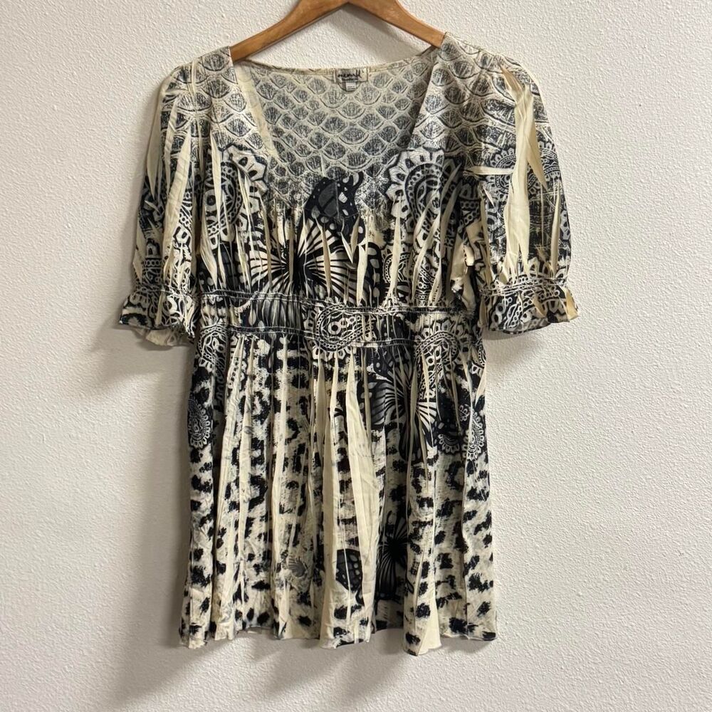 One World L Cream Black Butterfly Paisley Boho Tunic Top